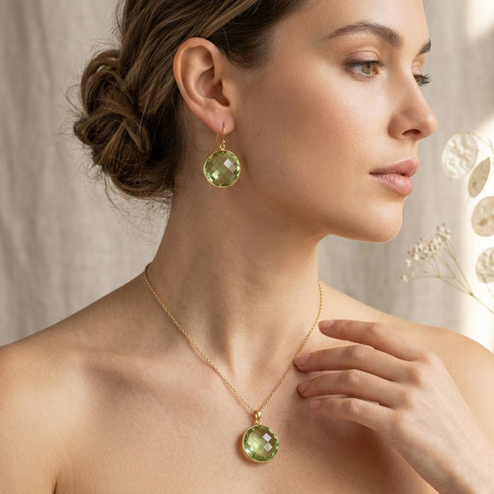 green amethyst necklace on model, elegant gemstone pendant jewelry for women in gold vermeil