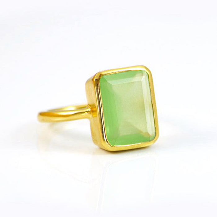 Green Chalcedony rectangle bezel set ring:August Birthstone