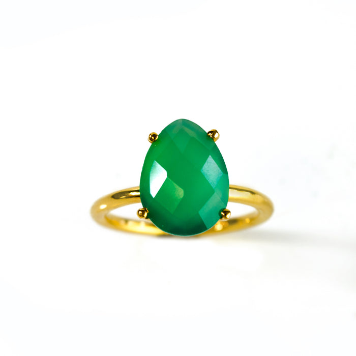 Green Onyx Teardrop Prong Set Ring • May Birthstone