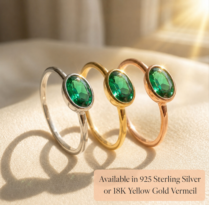 Green tourmaline ring shown in sterling silver, yellow gold vermeil, and rose gold vermeil.