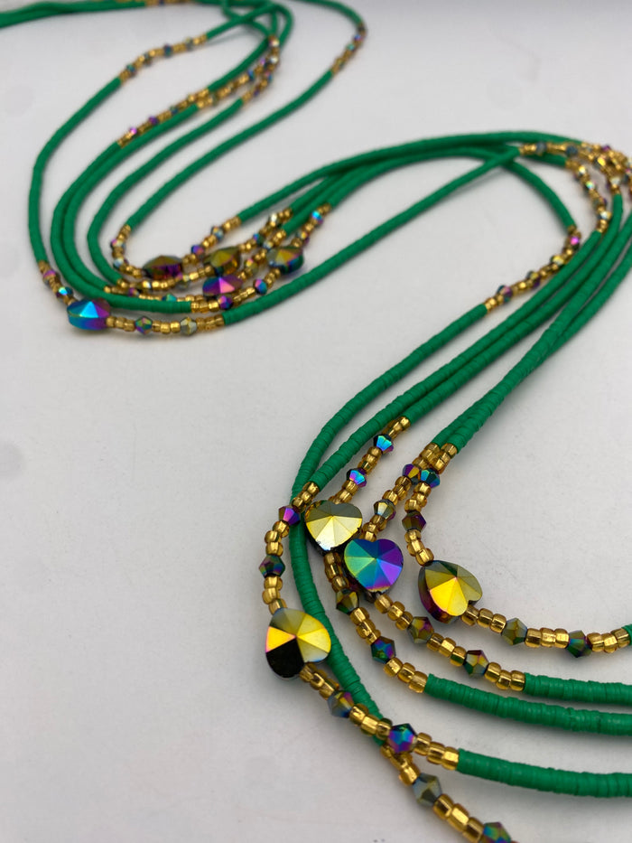 Green Vinyl Flat Disc Waist Bead | Clay Beads African Waist Beads | Adjustable Tie-On 45”–50”