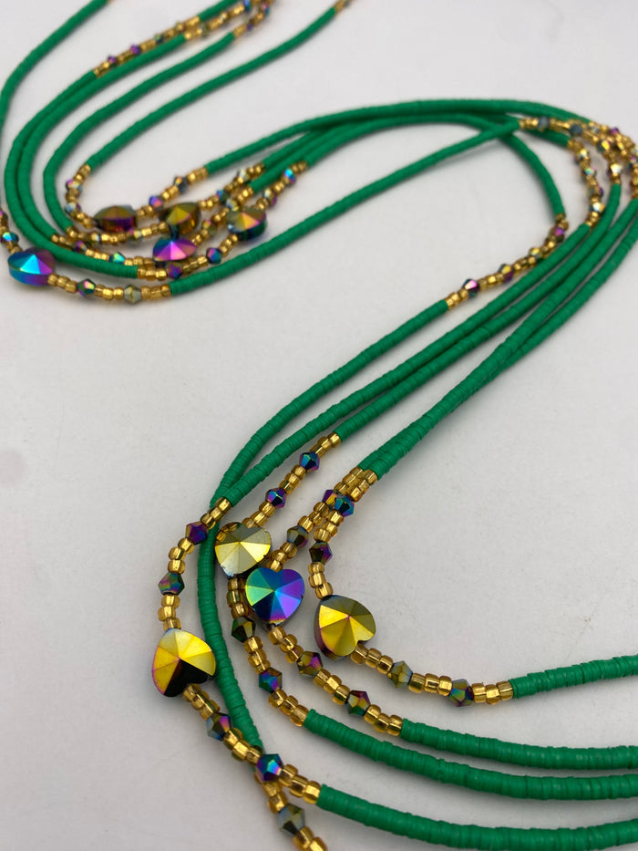 Green Vinyl Flat Disc Waist Bead | Clay Beads African Waist Beads | Adjustable Tie-On 45”–50”