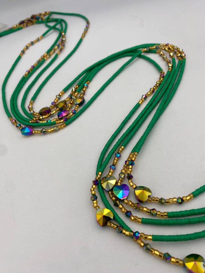 Green Vinyl Flat Disc Waist Bead | Clay Beads African Waist Beads | Adjustable Tie-On 45”–50”