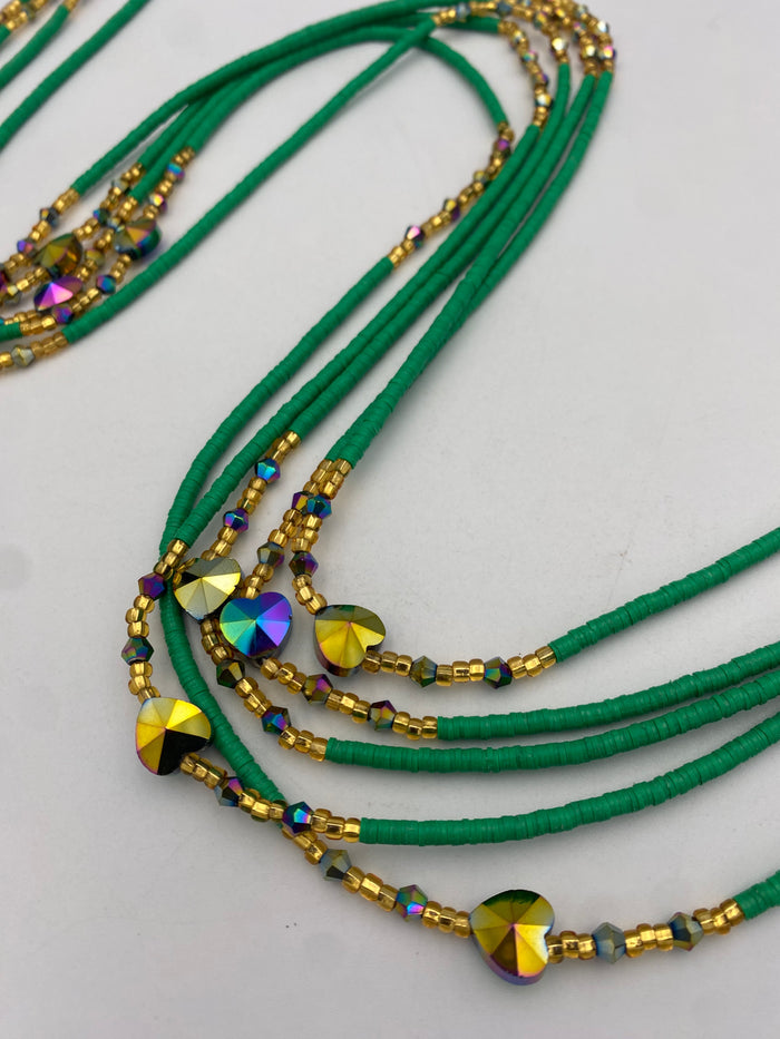 Green Vinyl Flat Disc Waist Bead | Clay Beads African Waist Beads | Adjustable Tie-On 45”–50”
