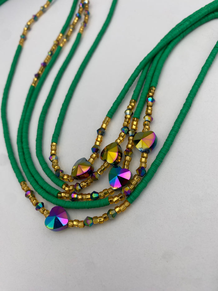 Green Vinyl Flat Disc Waist Bead | Clay Beads African Waist Beads | Adjustable Tie-On 45”–50”