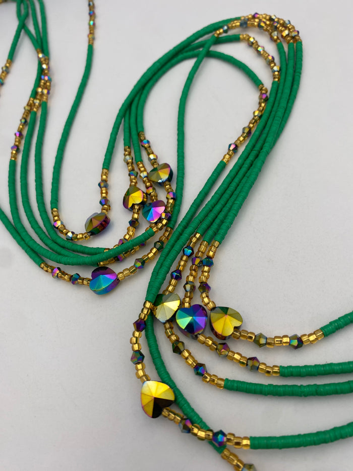 Green Vinyl Flat Disc Waist Bead | Clay Beads African Waist Beads | Adjustable Tie-On 45”–50”