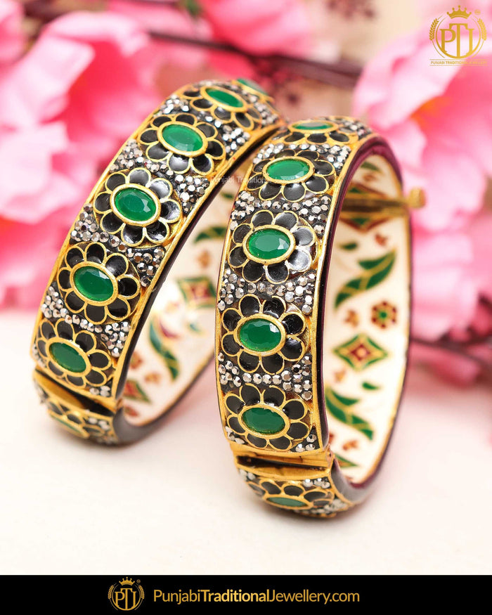 Hand Painted Black Menna Emerald Polki Karra Bangles (Pair)| Punjabi Traditional Jewellery Exclusive