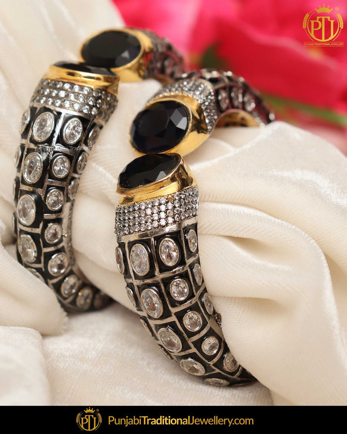 Hand Painted Black Menna Polki Karra Bangles (Pair)| Punjabi Traditional Jewellery Exclusive