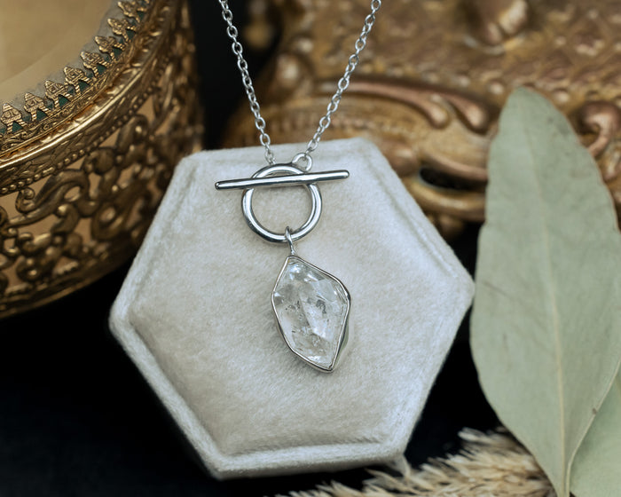 Product photo of Rhodium Plated Herkimer Diamond Quartz Necklace with a 925 Sterling Silver base