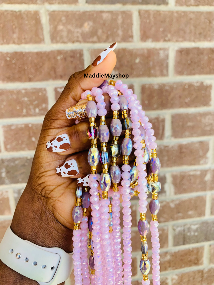 Jael ~ | Pink | Waist Bead for weightloss  |  Waist Beads – Luxury Tie-On Beaded Jewelry  | Crystal & Silver with Pink| Body Adornment & Weight Tracking- 45–Inches