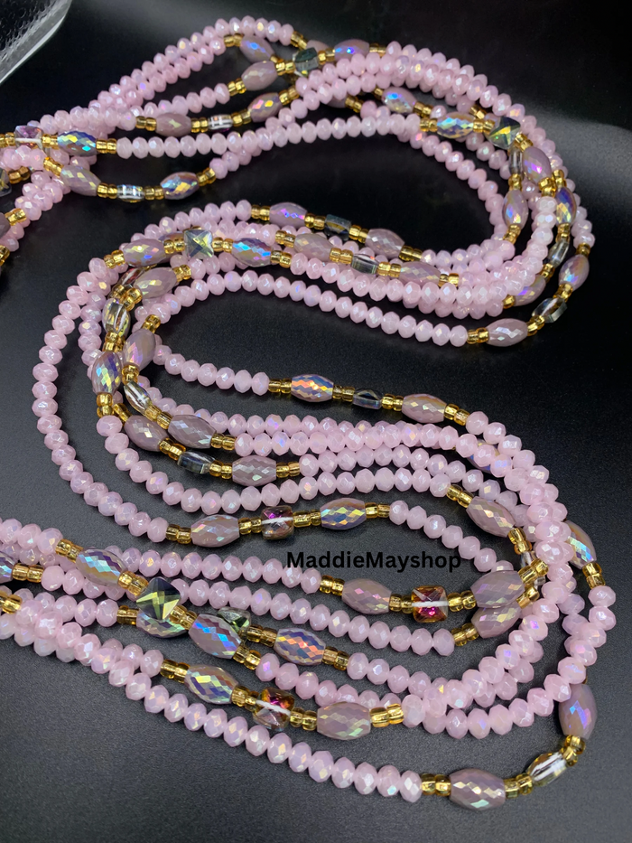 Jael ~ | Pink | Waist Bead for weightloss  |  Waist Beads – Luxury Tie-On Beaded Jewelry  | Crystal & Silver with Pink| Body Adornment & Weight Tracking- 45–Inches