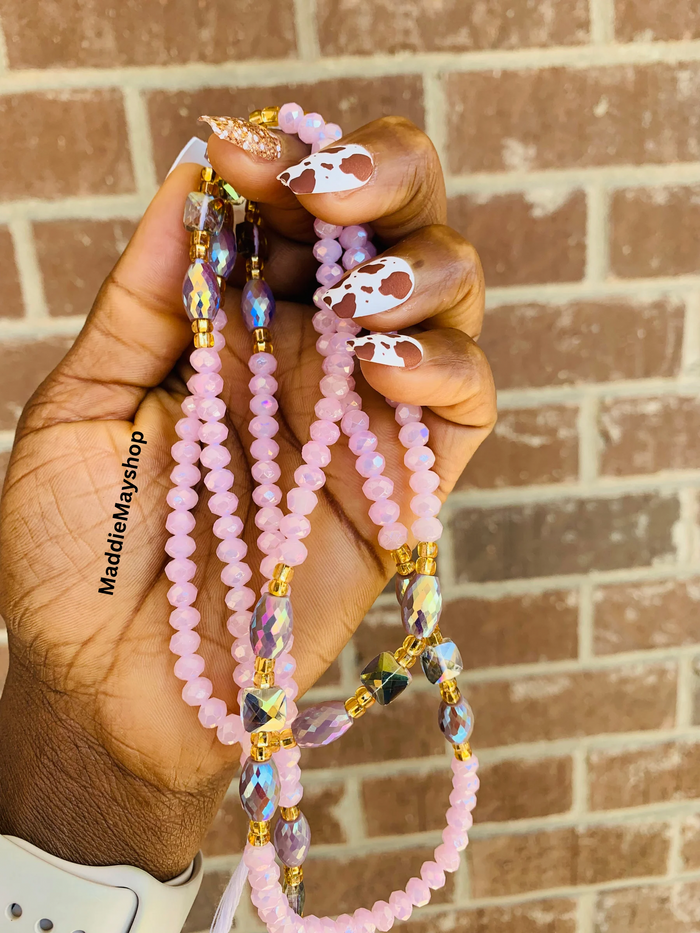 Jael ~ | Pink | Waist Bead for weightloss  |  Waist Beads – Luxury Tie-On Beaded Jewelry  | Crystal & Silver with Pink| Body Adornment & Weight Tracking- 45–Inches