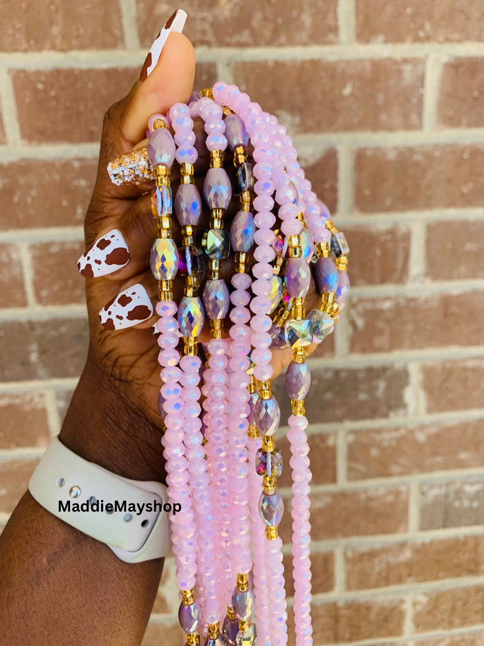 Jael ~ | Pink | Waist Bead for weightloss  |  Waist Beads – Luxury Tie-On Beaded Jewelry  | Crystal & Silver with Pink| Body Adornment & Weight Tracking- 45–Inches