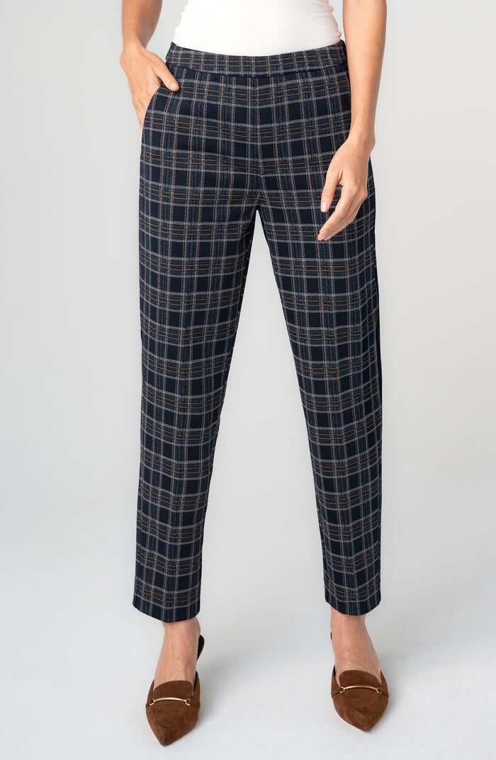 Kayla Pull-on Trouser (28" Inseam) (Navy/Tan Plaid)