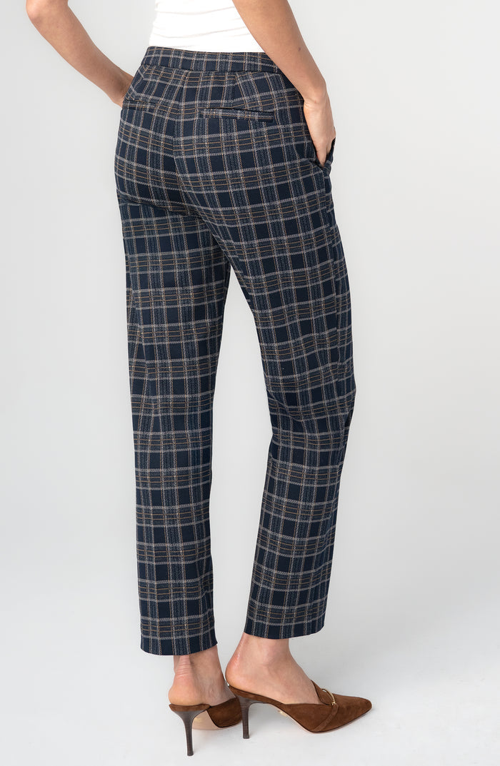 Kayla Pull-on Trouser (28" Inseam) (Navy/Tan Plaid)