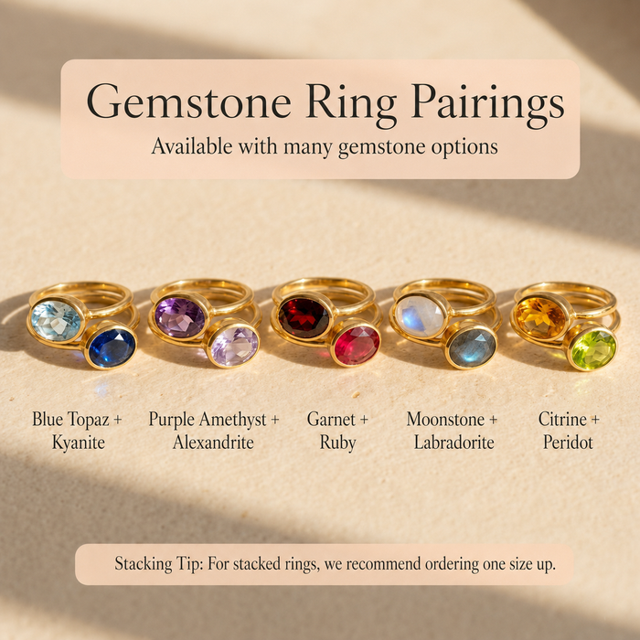 Oval gemstone ring pairing guide showing moonstone, labradorite, amethyst, citrine, and other combinations.