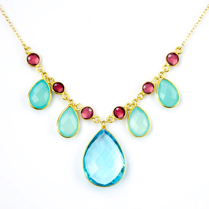 Large Birthstone Cluster Necklace with Blues, Aquamarines, and Reds