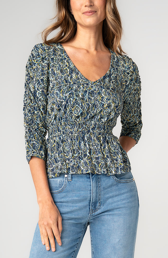 Liverpool 3/4 Ruched Sleeve V-Neck Knit Top