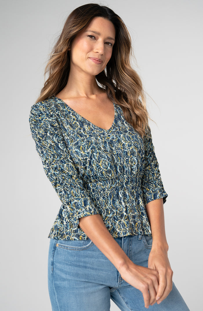 Liverpool 3/4 Ruched Sleeve V-Neck Knit Top