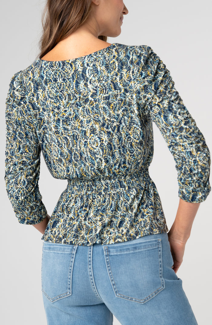 Liverpool 3/4 Ruched Sleeve V-Neck Knit Top