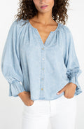 Liverpool 3/4 Sleeve Button Front Shirred Woven Top