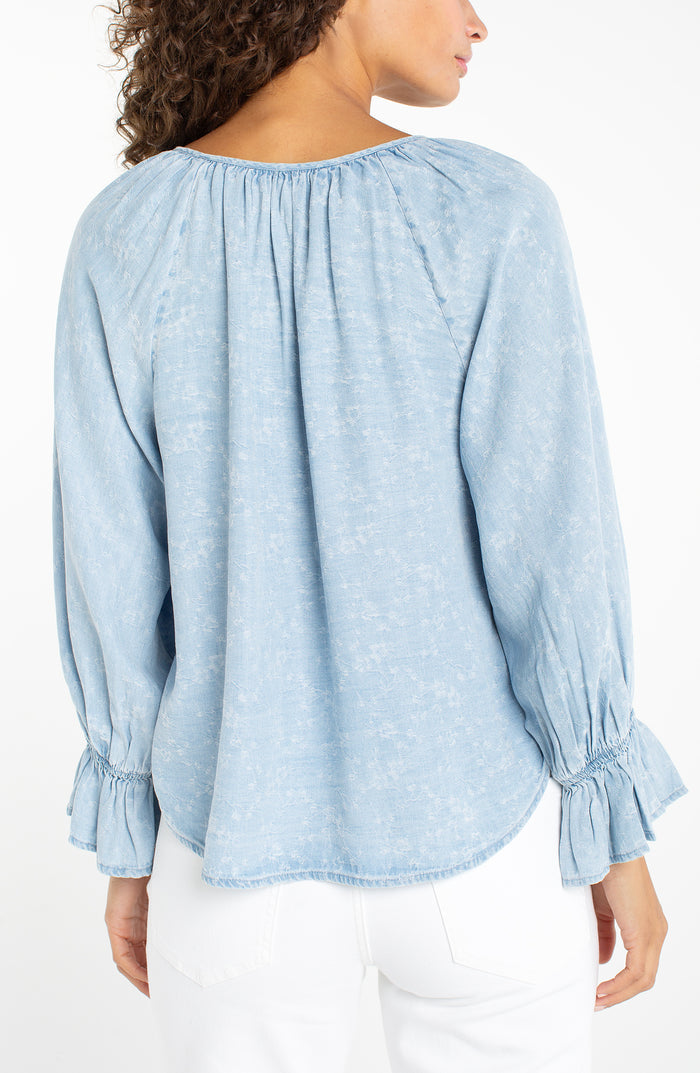 Liverpool 3/4 Sleeve Button Front Shirred Woven Top