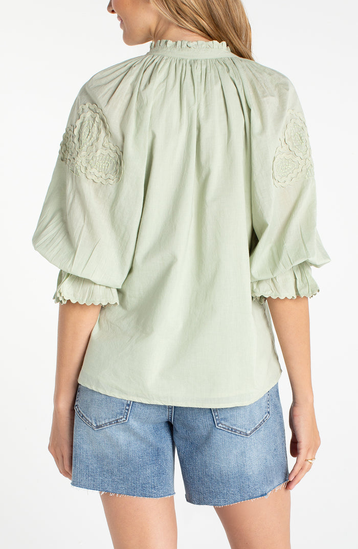 Liverpool 3/4 Sleeve Button Front Woven Top W/ Embroidery