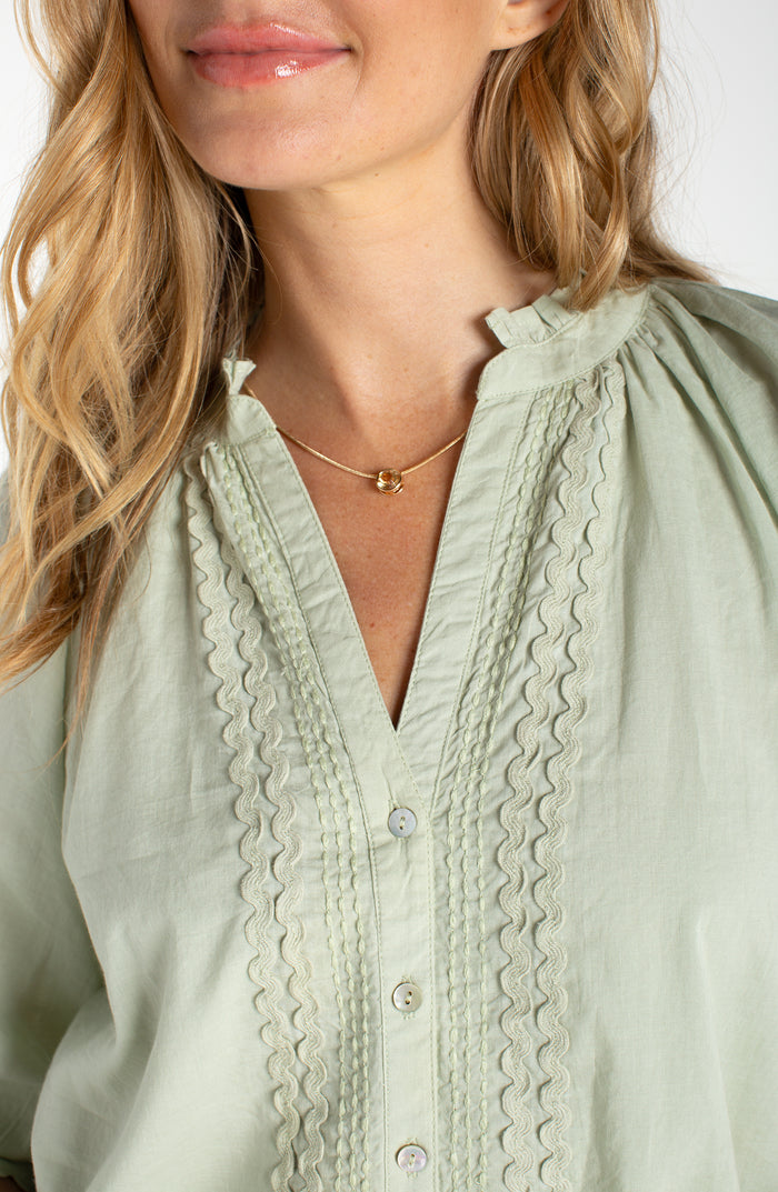 Liverpool 3/4 Sleeve Button Front Woven Top W/ Embroidery