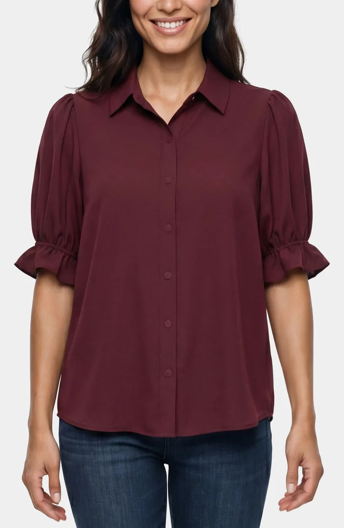 Liverpool Elbow Puff Sleeve Snap Front Knit Shirt (Oxblood)