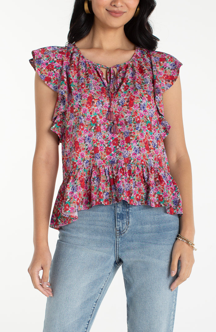 Liverpool Flutter Sleeve Peplum Woven Top W/ Ties