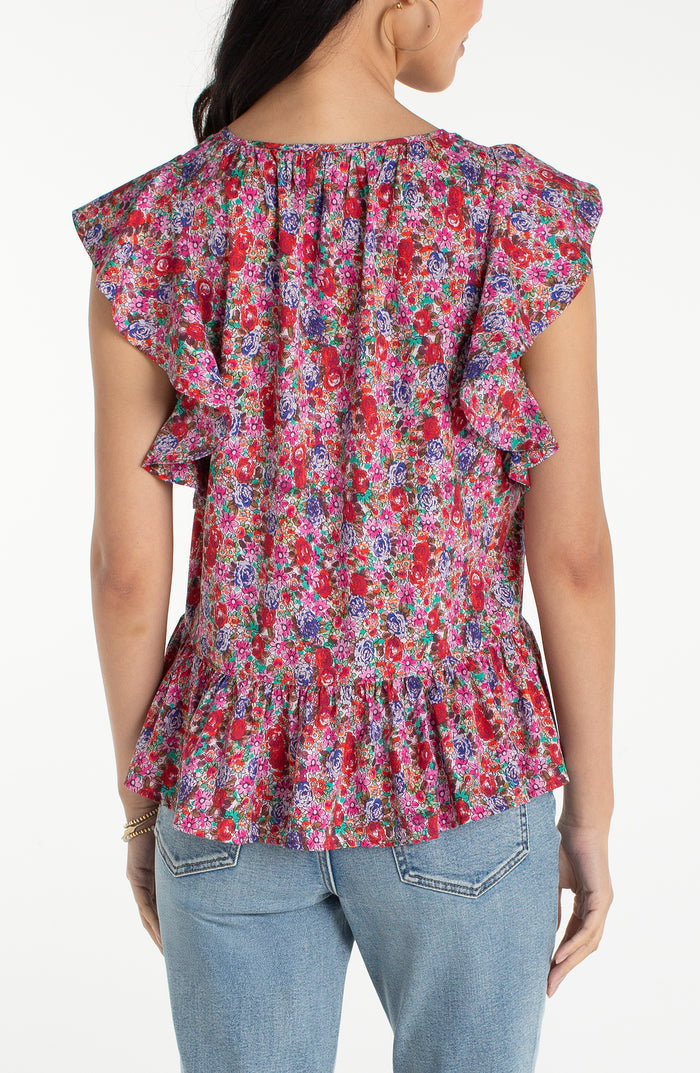 Liverpool Flutter Sleeve Peplum Woven Top W/ Ties