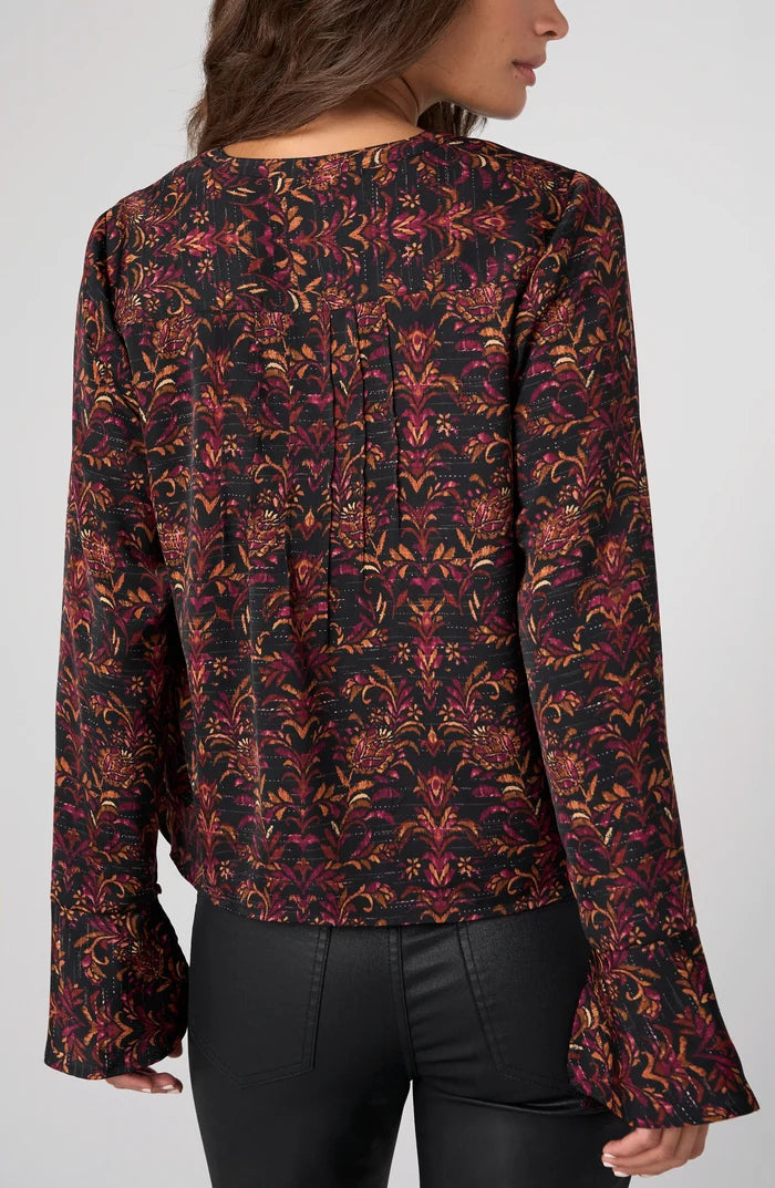 Liverpool Long Sleeve Band Collar Woven Top W/ Pintuck Detail