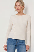Liverpool Long Sleeve Boatneck Knit Top W/ Asymmetrical Button Placket