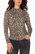 Liverpool Long Sleeve Pleated Mock Neck Knit Top with Shirring (Multi Geo Ikat)