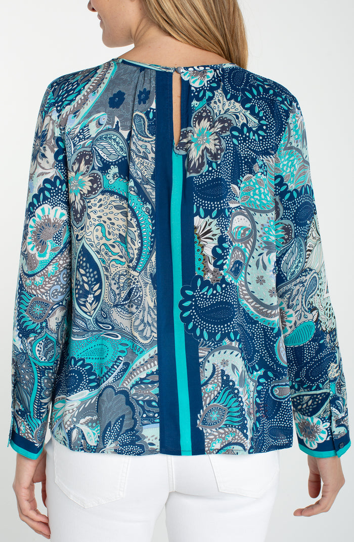 Liverpool Long Sleeve Woven Top w/ Keyhole Neckline (Aqua Blue Multi)