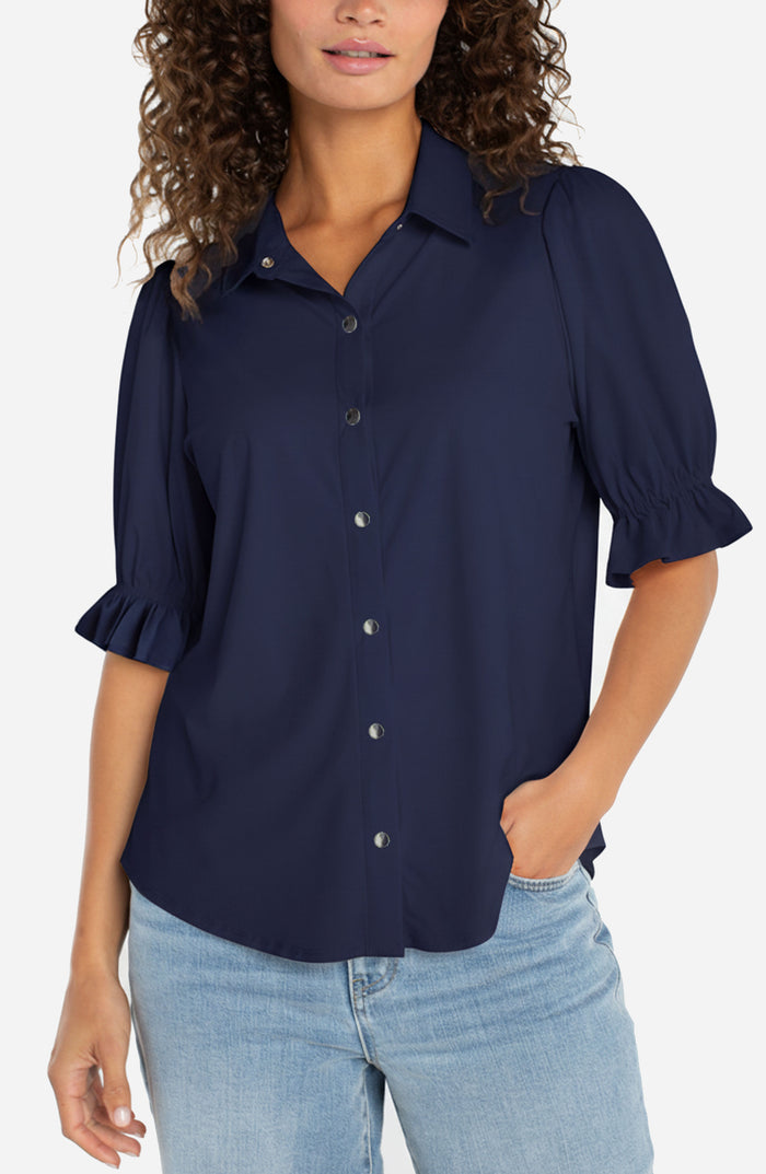 Liverpool Puff Sleeve Snap Front Knit Shirt (Navy)
