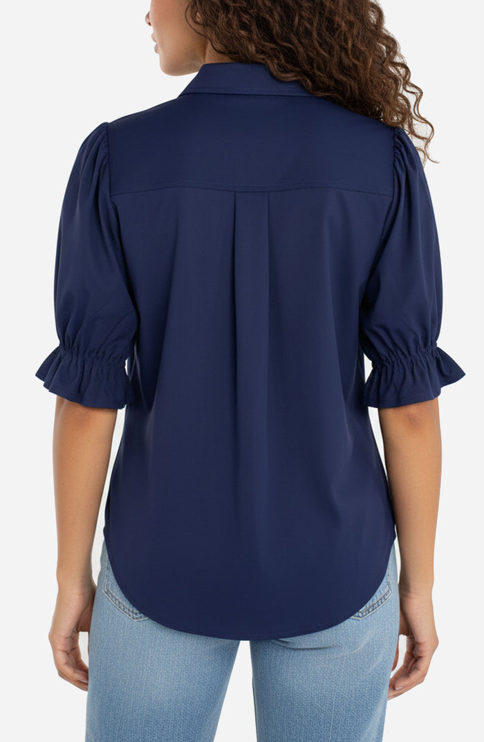 Liverpool Puff Sleeve Snap Front Knit Shirt (Navy)