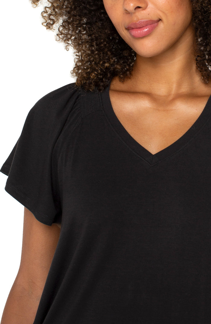 Liverpool Short Flutter Sleeve V Neck Knit Top (Black)