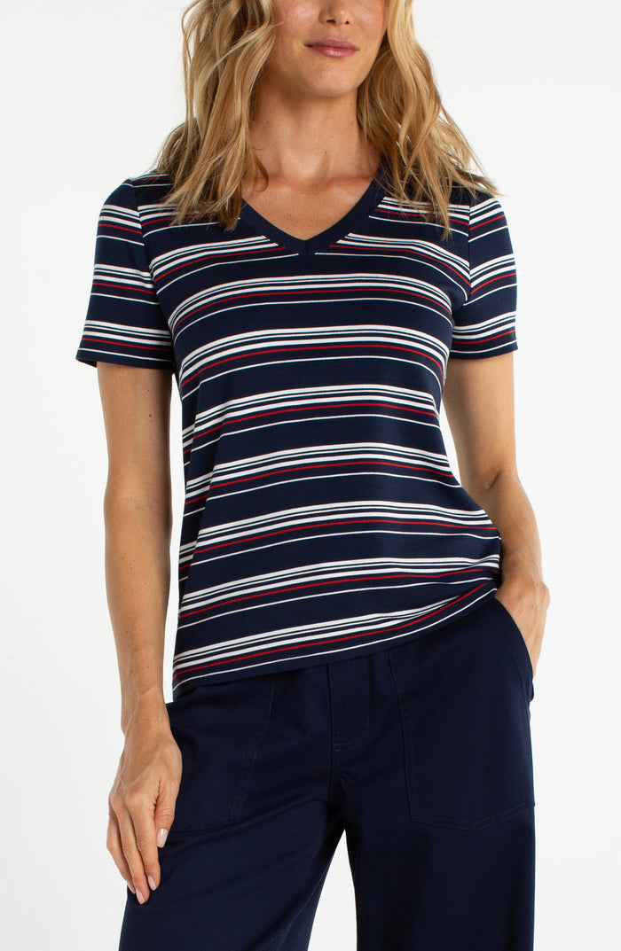Liverpool Short Sleeve V-neck Knit Tee (Dark Navy White Fire Brick Stripe)