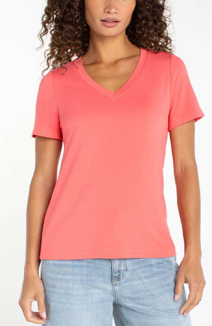 Liverpool Short Sleeve V-Neck Knit Tee (Sunset Coral)