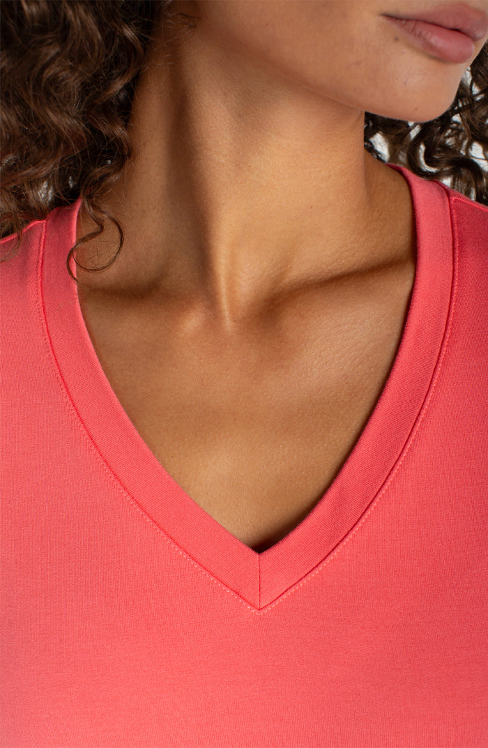 Liverpool Short Sleeve V-Neck Knit Tee (Sunset Coral)