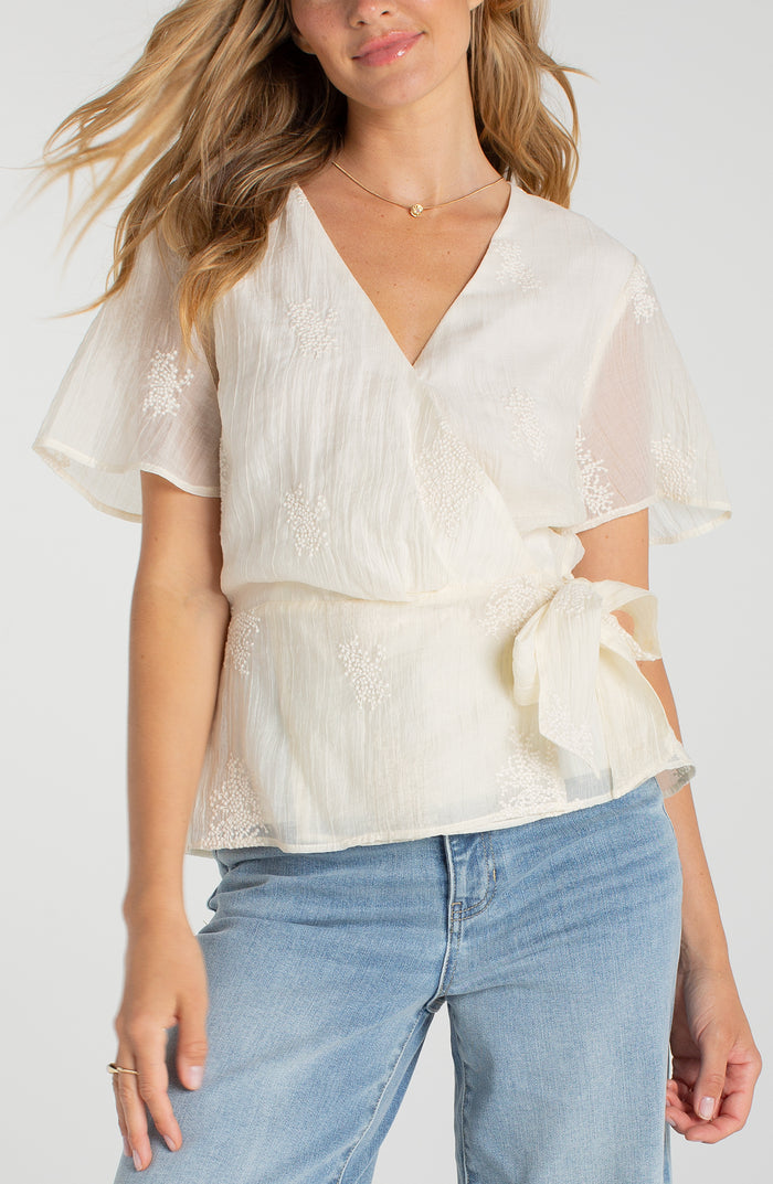 Liverpool Short Sleeve Wrap Front Woven Top W/ Tie