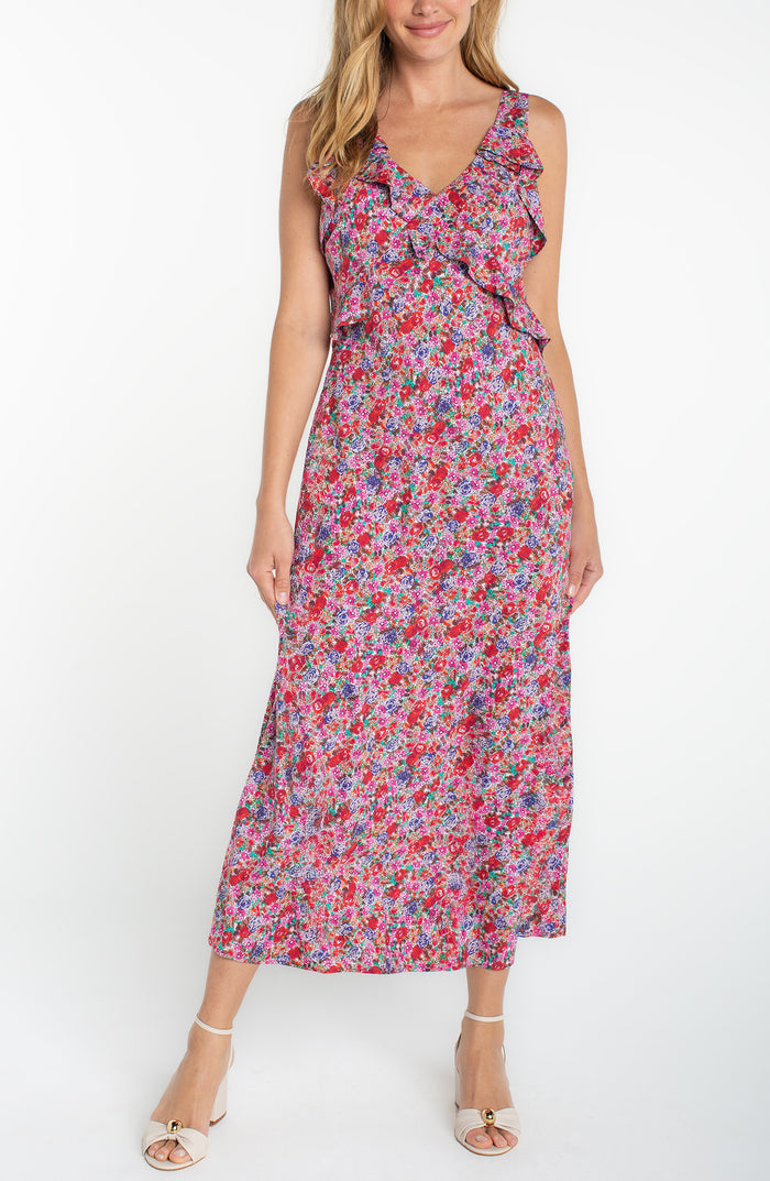 Liverpool Sleeveless Ruffle Front Woven Maxi Dress