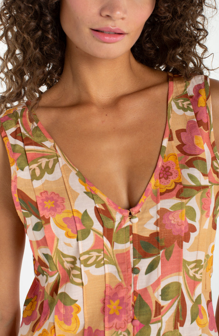 Liverpool Sleeveless V-Neck Woven Top W/ Pintucks