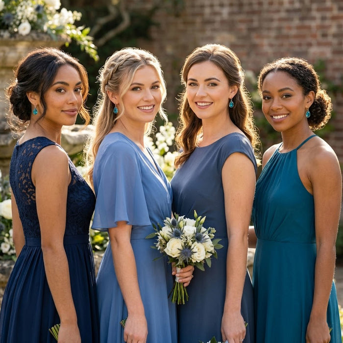 Bridesmaids wearing London blue topaz earrings, blue teardrop bridesmaid jewelry for wedding party gifts
