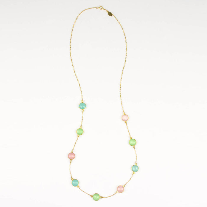 Long Aqua Chalcedony, Green Chalcedony and Pink Chalcedony bezel station necklace