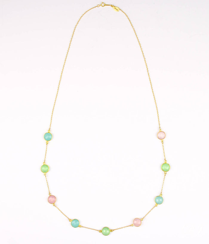 Long Aqua Chalcedony, Green Chalcedony and Pink Chalcedony bezel station necklace