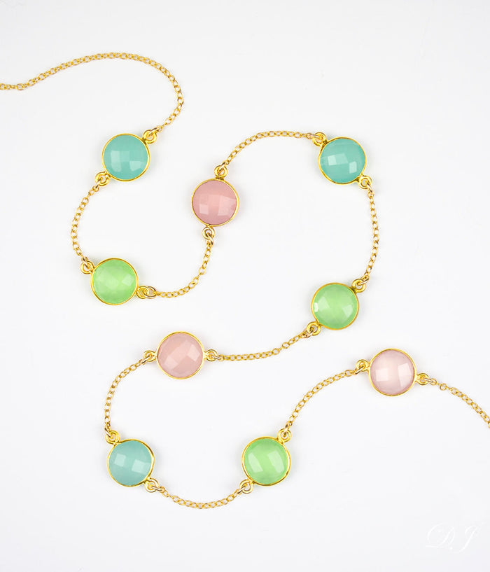 Long Aqua Chalcedony, Green Chalcedony and Pink Chalcedony bezel station necklace