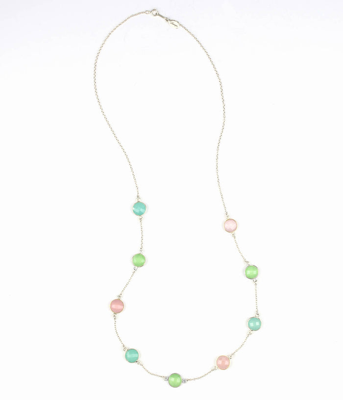 Long Aqua Chalcedony, Green Chalcedony and Pink Chalcedony bezel station necklace