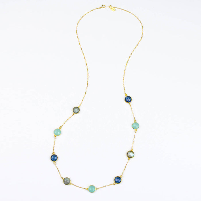 Long Aqua Chalcedony, Labradorite, Kyanite bezel station necklace